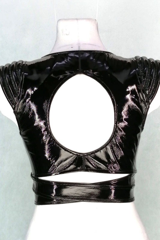 Wrap Bra – glossy black PVC with open-back design, back view
