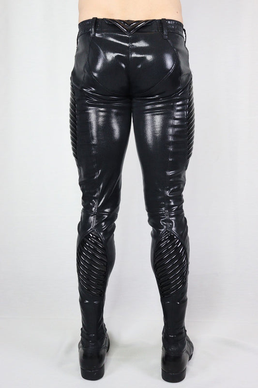 Temoris Leggings – glossy black leatherette with mesh ruching detail, back view