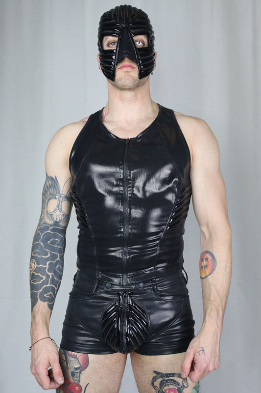 Serratus Top – glossy black leatherette sleeveless top with side-panel lacing and mask, front view
