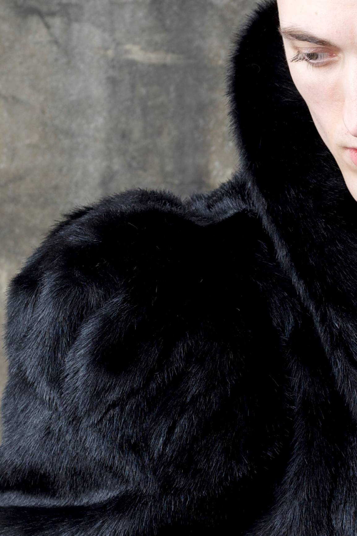 Bolero – black faux fur draped sleeve bolero, profile detail view