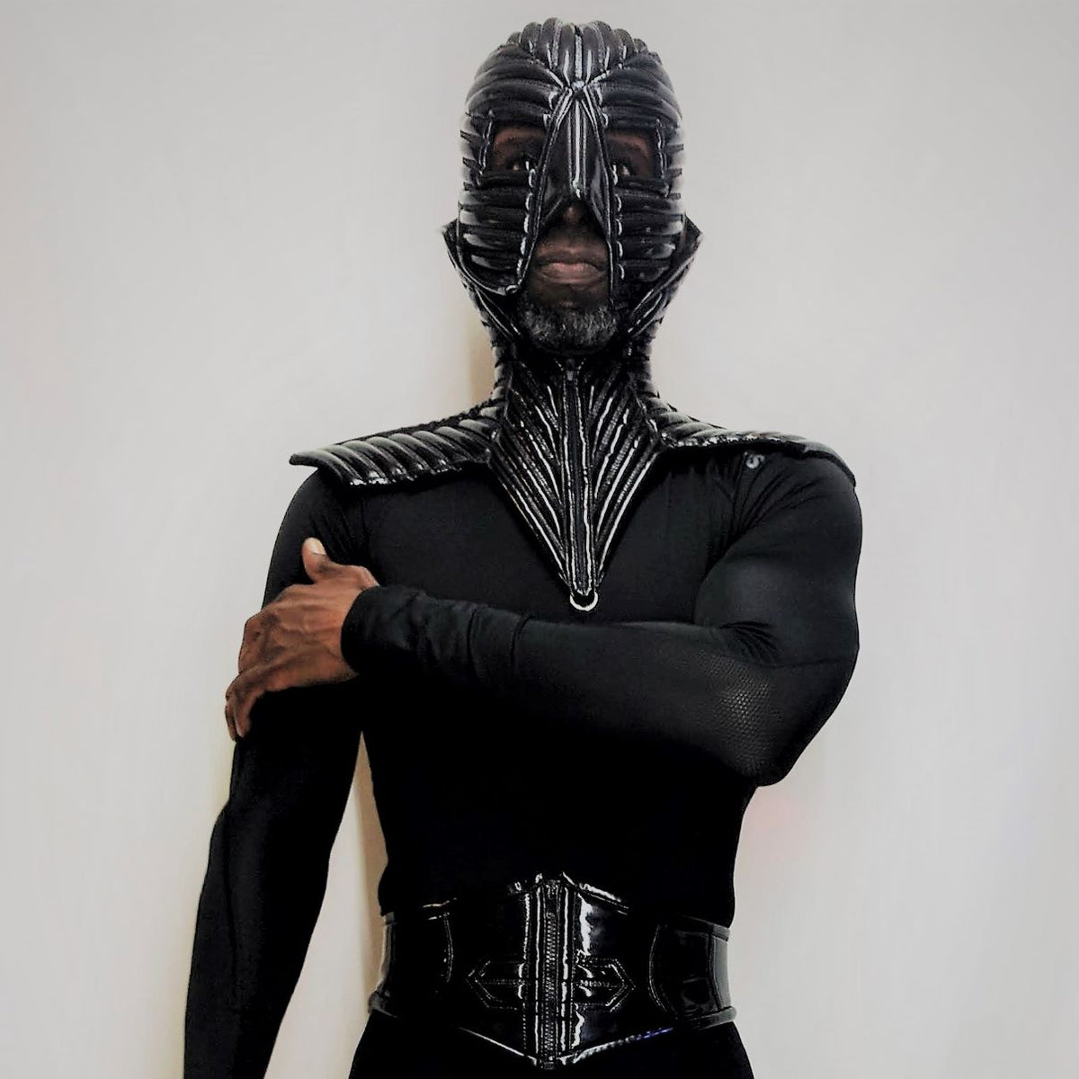 Collar – architectural black PVC collar with strapped ribbed structure, front view