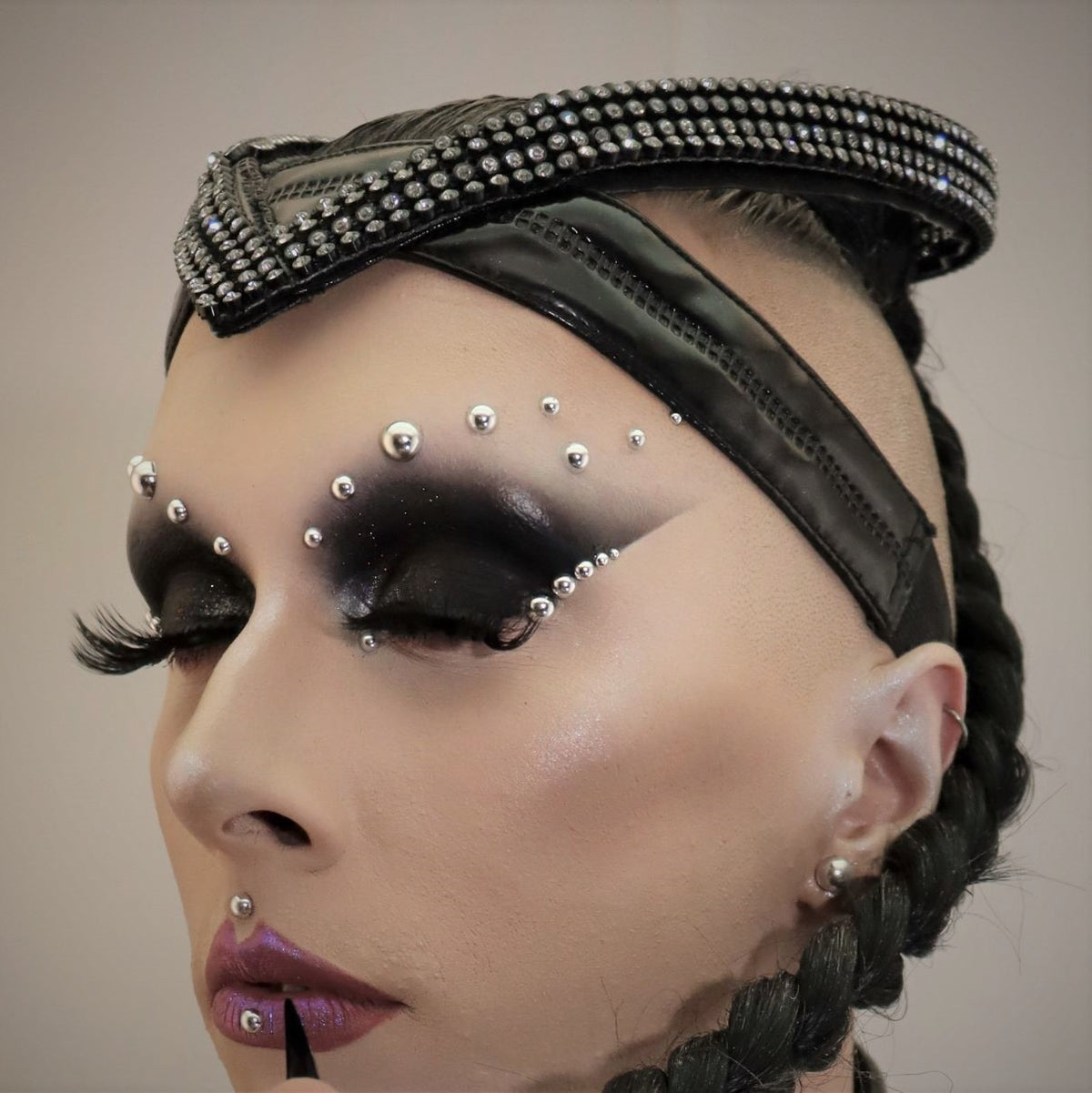 Juliet Diadem – black leather studded tiara with rhinestone accents, detail view