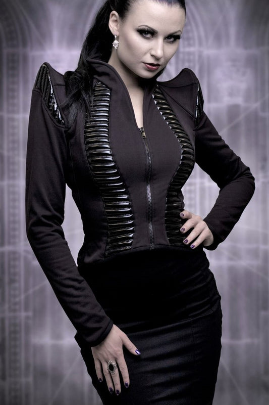 Zar Jacket in Softshell - black with metal rib detailing on shoulders and front, three-quarter
