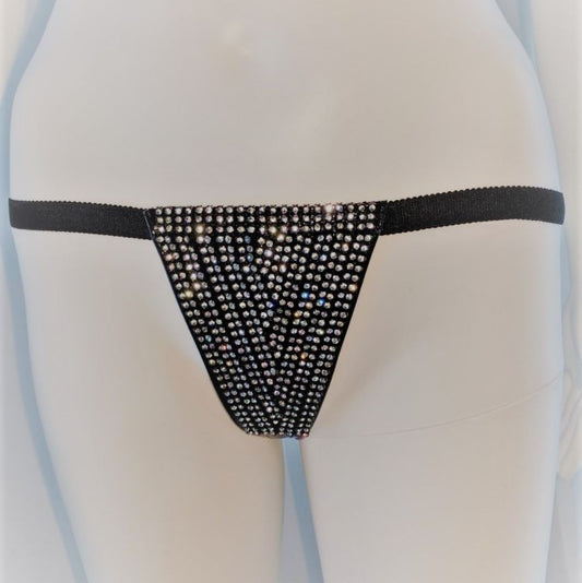 Venus String – black PVC studded string with crystalline front panel, back angle