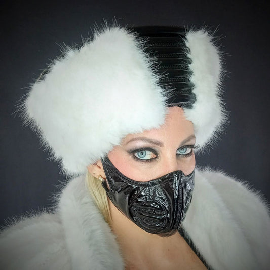 Zar Hat – white faux fur with black leather band and metallic trim, front view
