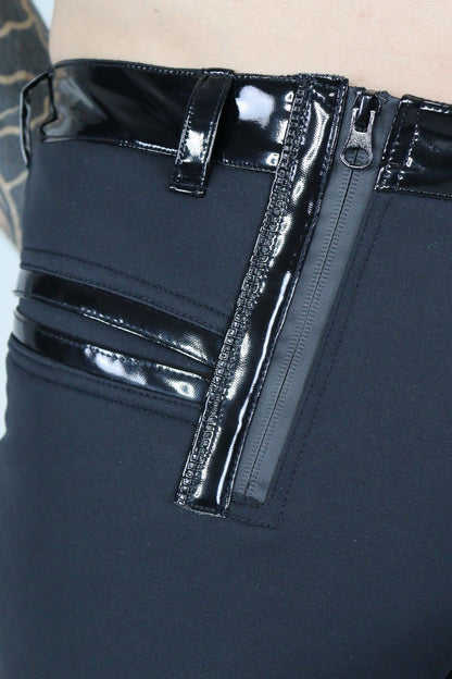 Knigger Softshell - black softshell capris with glossy patent trim at waist and cuffs, detail