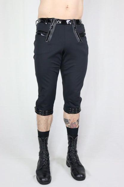 Knigger Softshell - black softshell capris with glossy patent waistband detail, front view