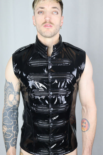 Military Top Glossy - glossy black PVC military vest with ribbed straps and snap buttons, front