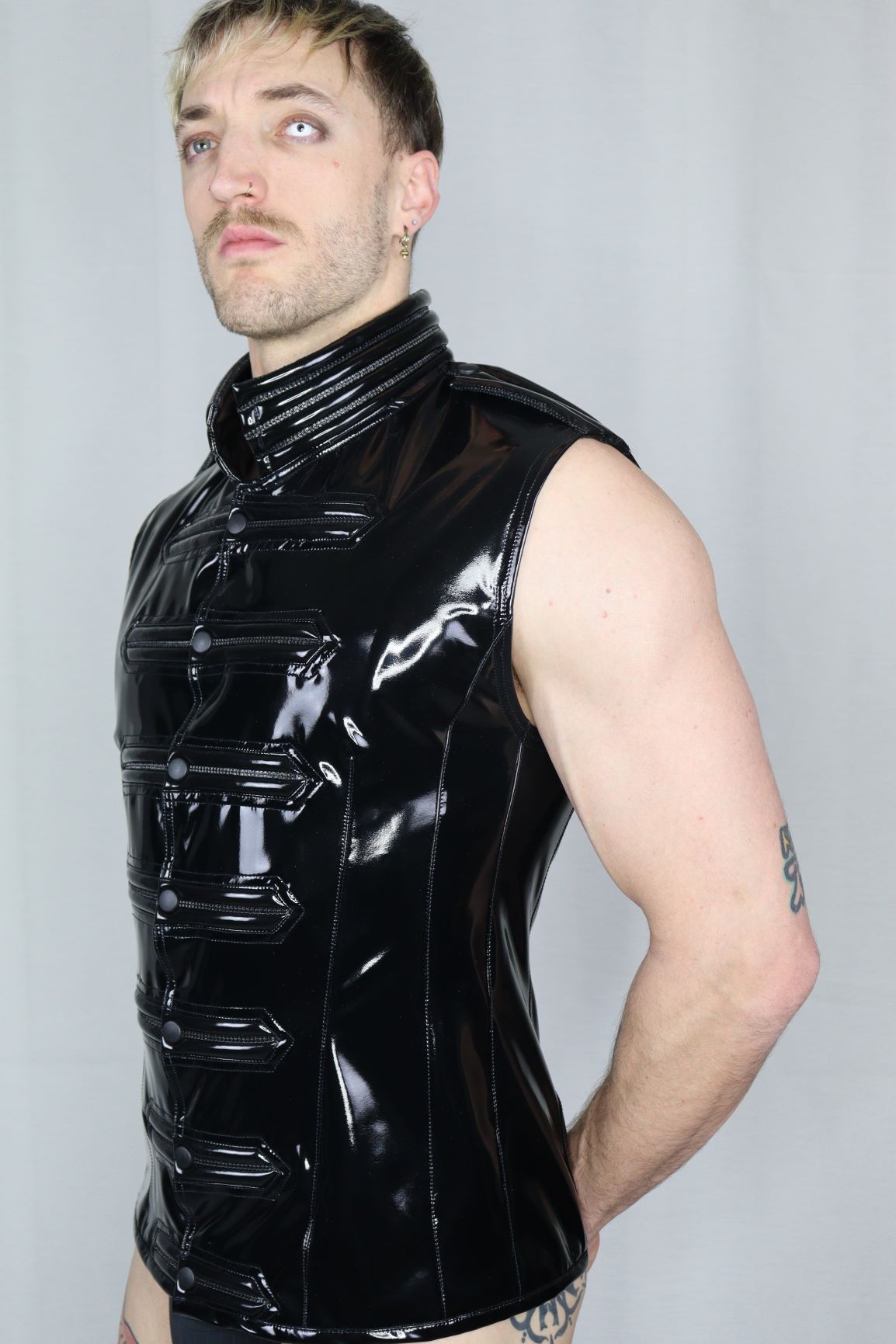 Military Top Glossy - glossy black PVC military vest with ribbed strap details and collar, side
