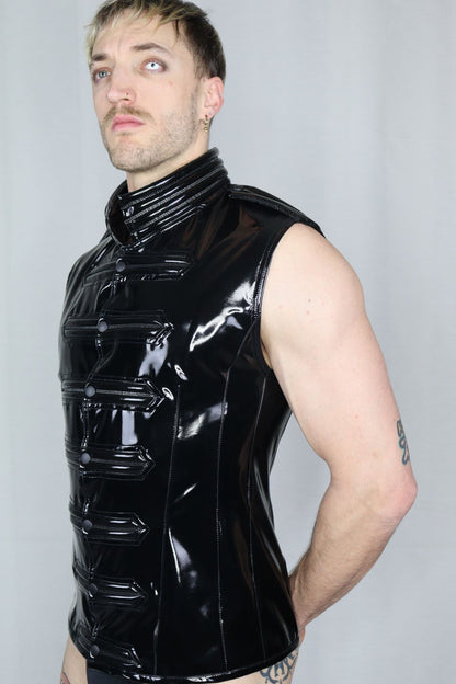 Military Top Glossy - glossy black PVC military vest with ribbed strap details and collar, side
