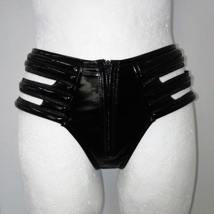 Panty - glossy black PVC brief with striped elastic side cutouts and central zipper, front view