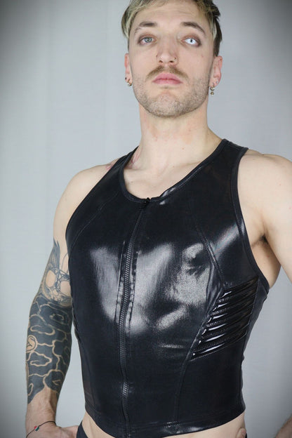 Serratus Top – glossy black leatherette sleeveless top with side-panel lacing, front view