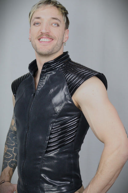 Thorax Top – glossy leatherette sleeveless tank with ribbed side panels and zip front, three-quarter