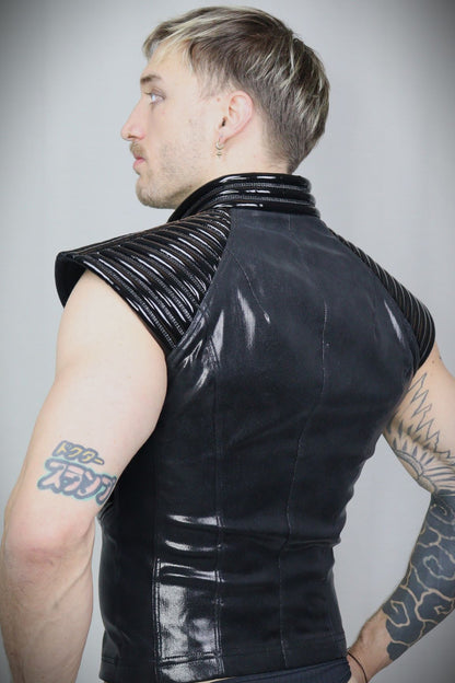 Thorax Top – glossy black leatherette sleeveless top with ribbed shoulder panels, back view