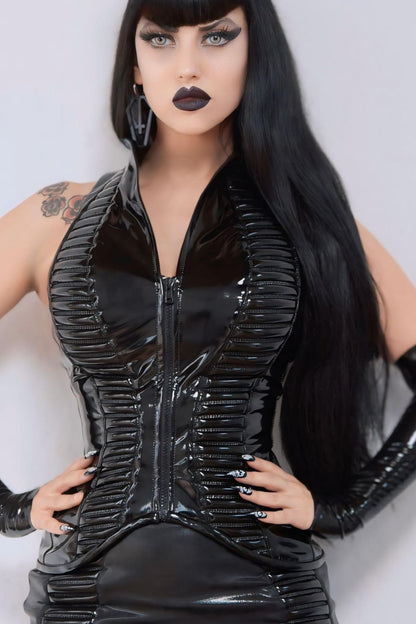 Zar Vest – glossy black PVC with ruched front panels and center zip, front view