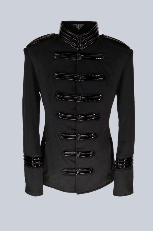 Military Jacket in Softshell – black softshell with glossy PVC combat fastenings, front view