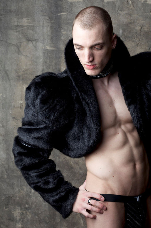 Bolero – black faux fur cropped bolero jacket with gathered sleeve edges, front view