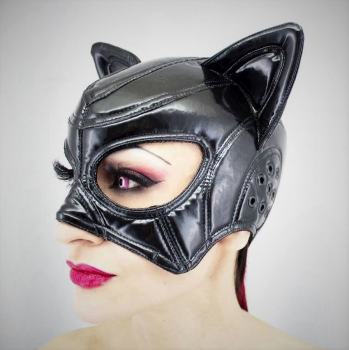 Cat Mask – glossy black PVC mask with pointed ears and eye openings, front view
