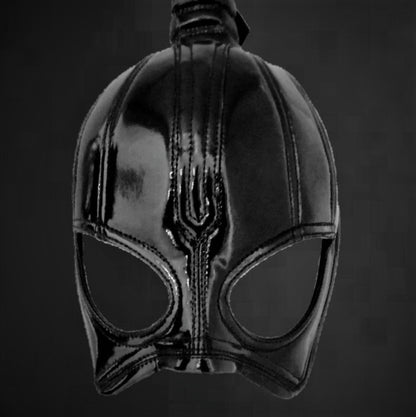 Hair Mask – glossy black PVC with radiating center seams and ribbed crown, back view