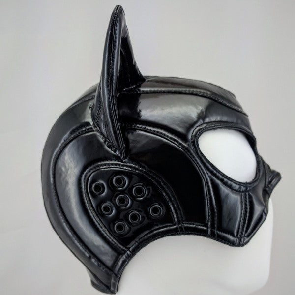 Cat Mask – glossy black PVC with pointed ear and ventilation hole detail, side view