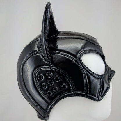 Cat Mask – glossy black PVC with pointed ear and ventilation hole detail, side view