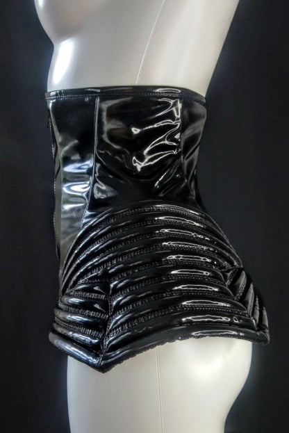 Morsor Extrem – glossy black PVC corset with horizontal strapping and boning, front view