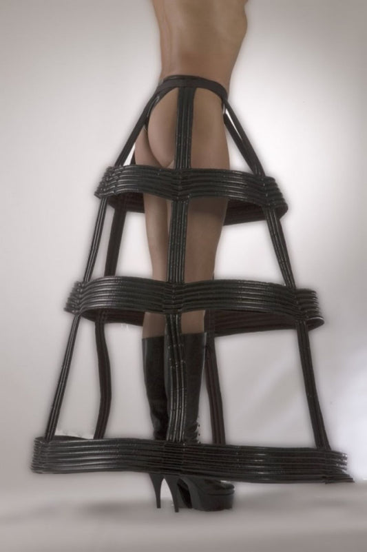 Crinoline – glossy black cage hoop skirt with ribbed framework, back detail