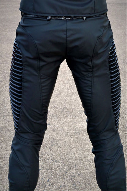 Dandy Pant matte – matte dark blue pants with horizontal ribbed thigh panels, back