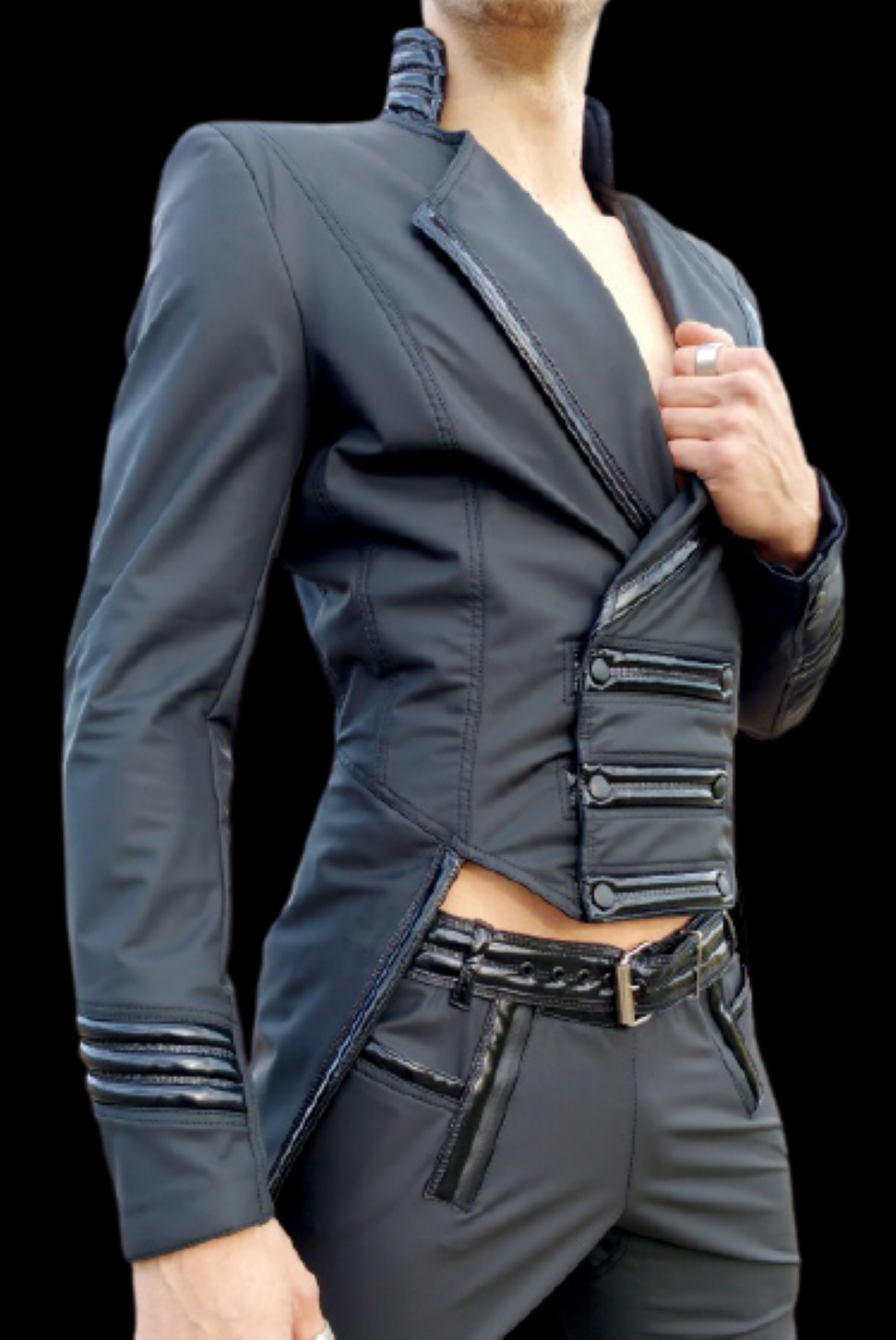 Dandy Jacket matte - matte black PVC jacket with zippered pockets, detail