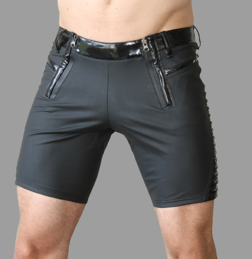 Dandy Pant Short – dark grey softshell shorts with glossy patent waistband and side panel, front view