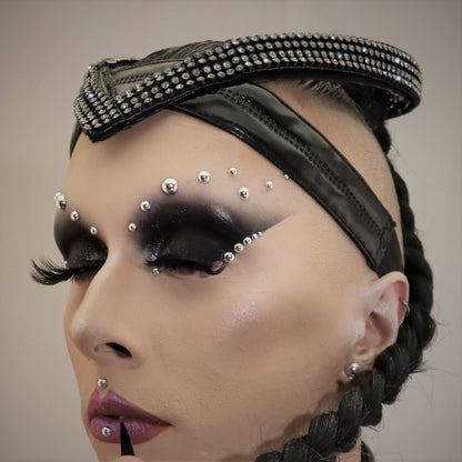 Juliet Diadem – black leather studded tiara with rhinestone accents, detail view