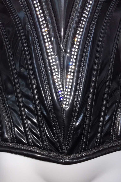 Galactica Corsage DK – dual rhinestone trim on front seaming, extreme close-up