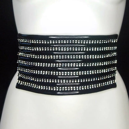 Hamal with Rhinestone – glossy black waist belt with multiple white rhinestone rows, front view