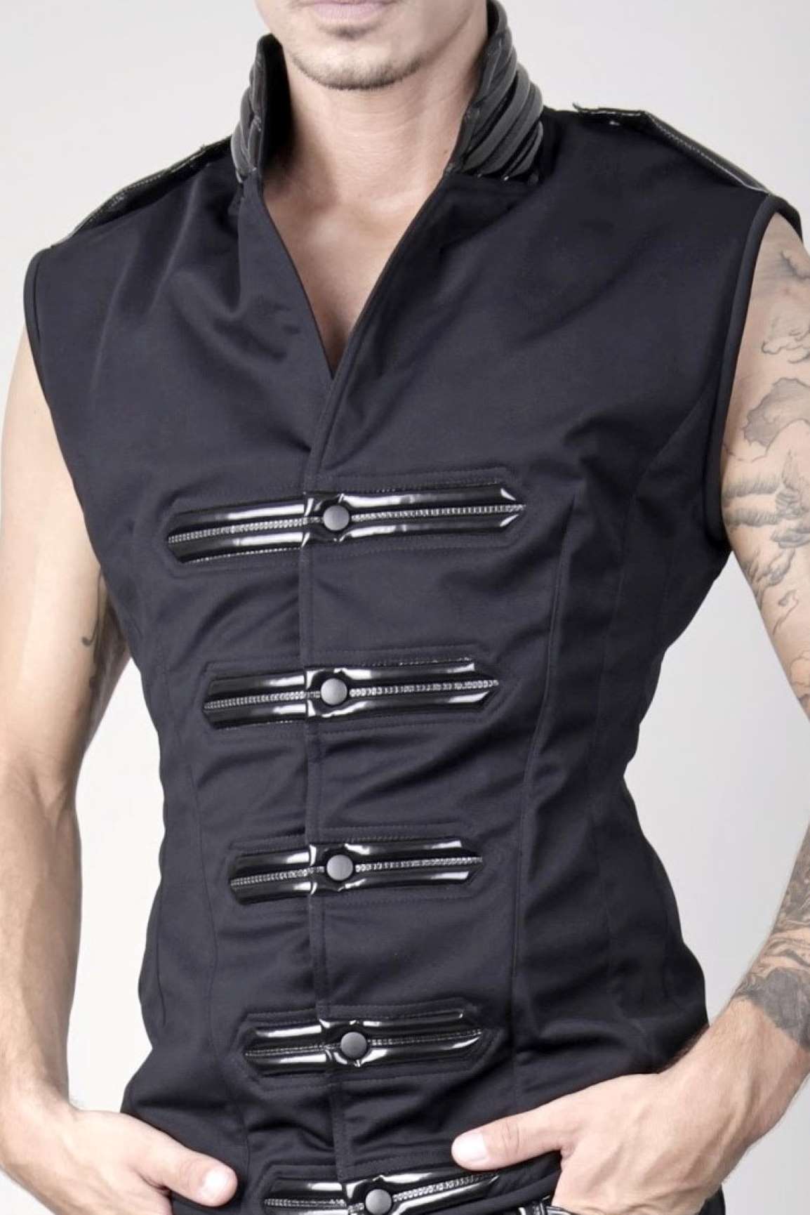 Hektor Softshell – matte black tactical vest with metal buckle fasteners, side view