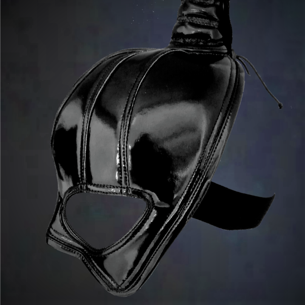 Hair Mask – glossy black PVC hooded design with streamlined molded shape, side view