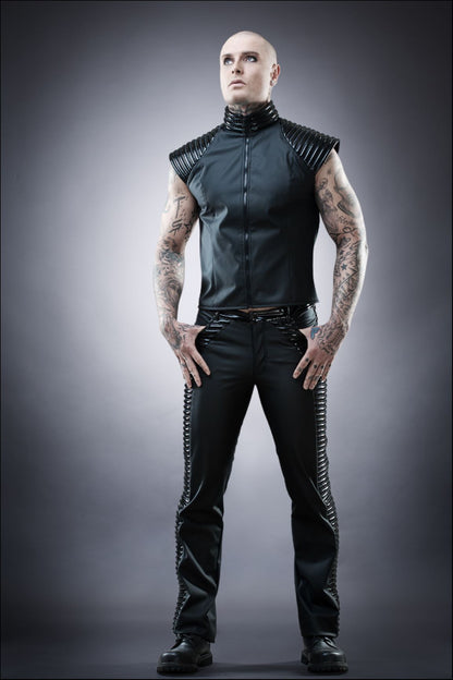 Jeans – black leatherette pants with corset lacing and glossy ribbed vest, front view