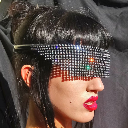 La Forge – studded metal mesh eye mask with multicolor rhinestone gradient, side profile