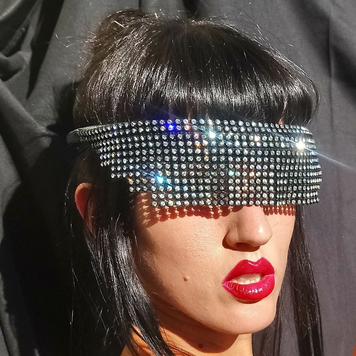 La Forge – crystal studded eye mask with gradient rainbow rhinestones, front view