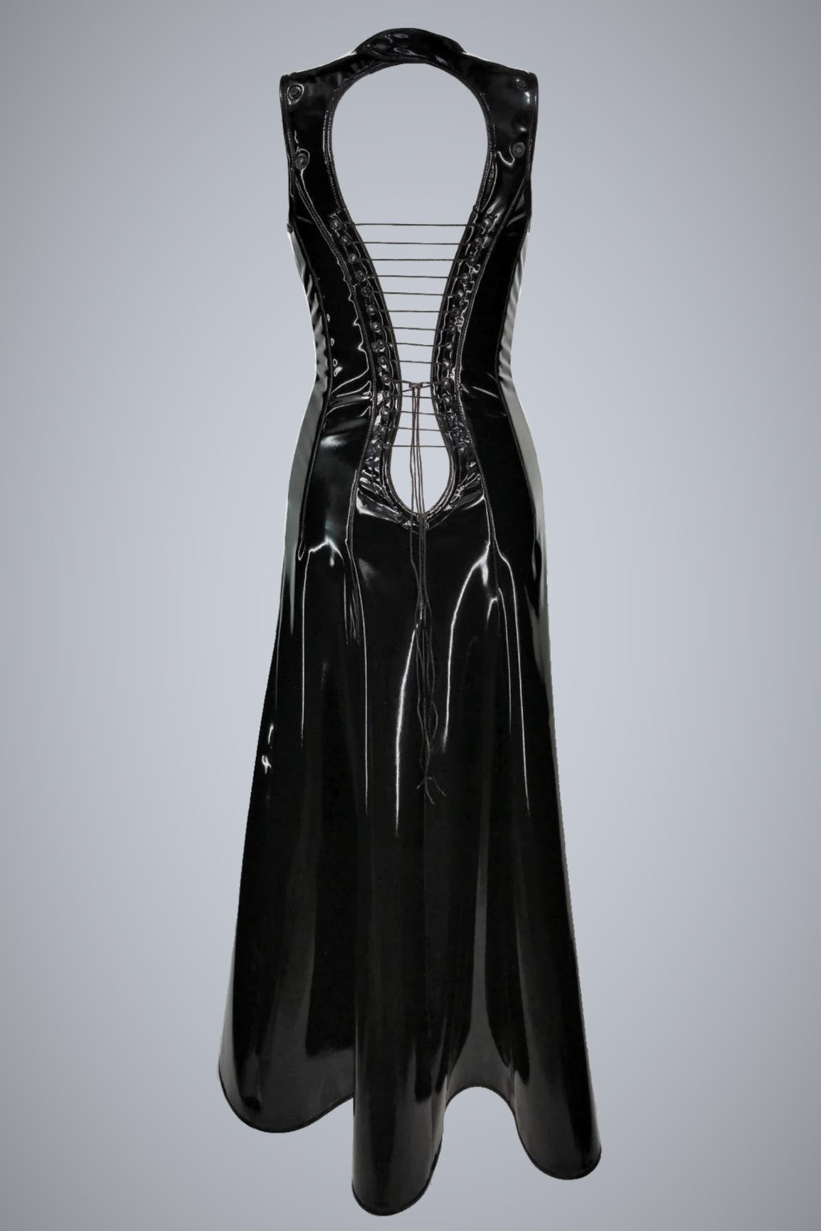 Lolita Dress long DK – glänzend schwarzes Vinyl mit Korsettschnürung und offenem Rücken, Rückenansicht