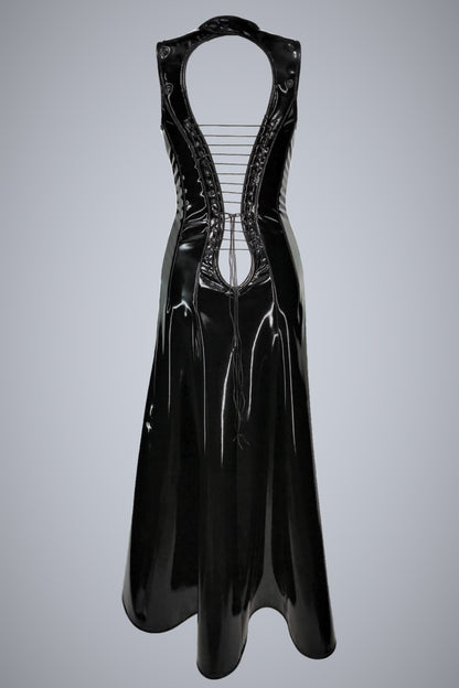 Lolita Dress long DK – glänzend schwarzes Vinyl mit Korsettschnürung und offenem Rücken, Rückenansicht