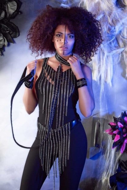 Neptun Skirt – black studded harness dress with chain fringe, front view