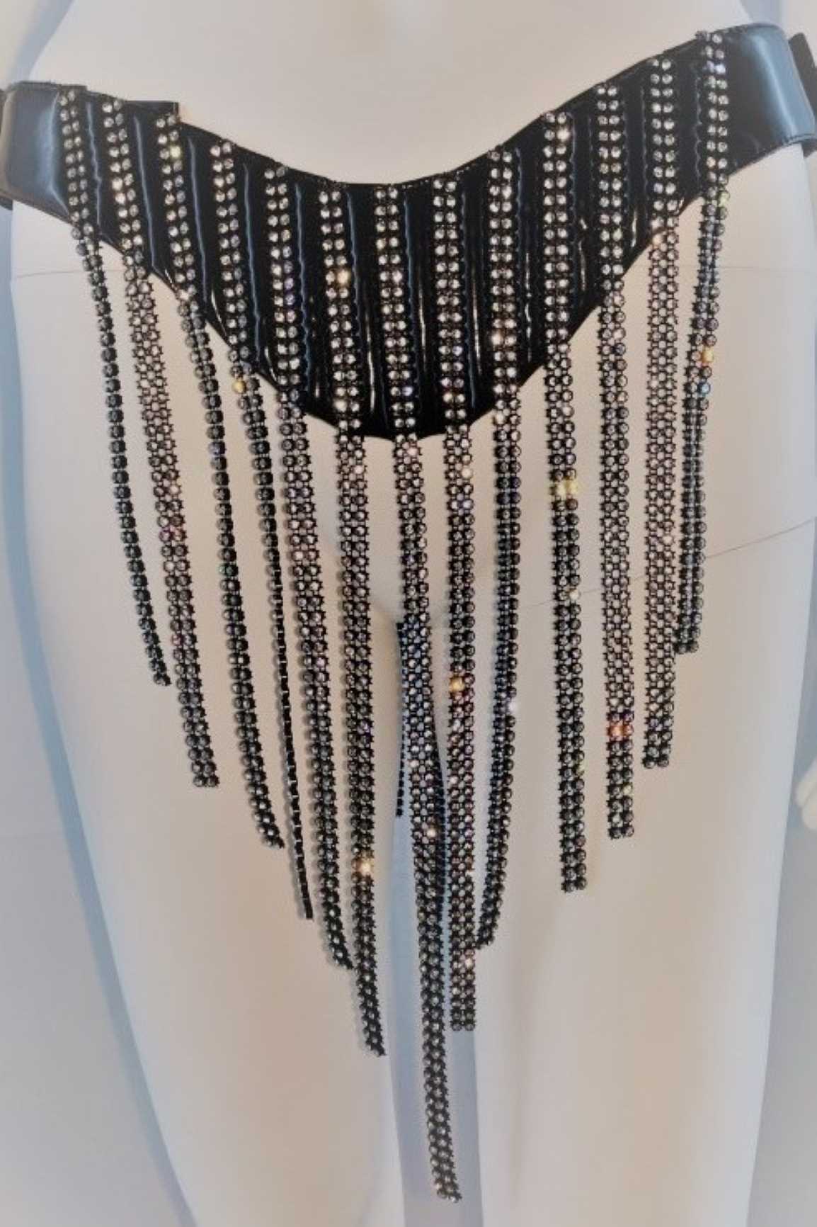 Neptun Skirt – black studded harness with draped chain fringe, back detail
