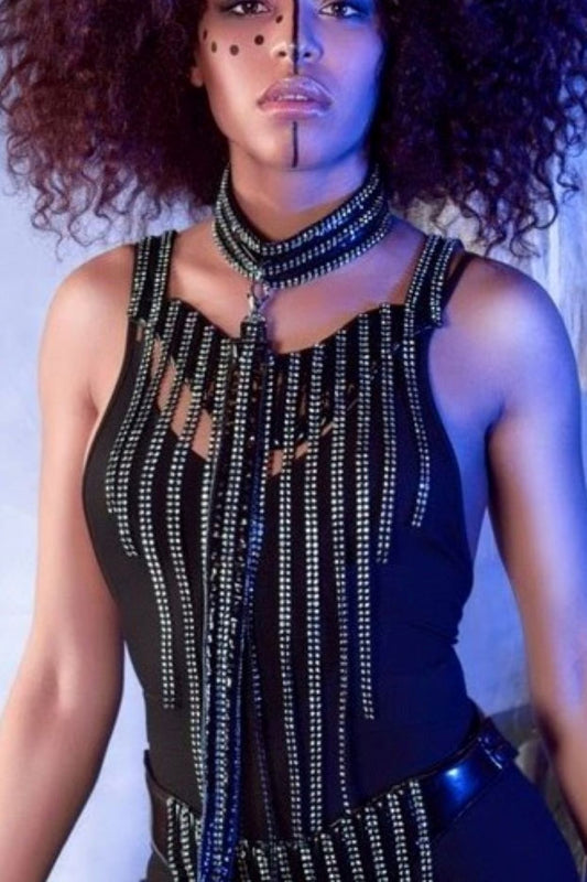 Neptuna – black PVC studded tank body with draping crystal chains, front view