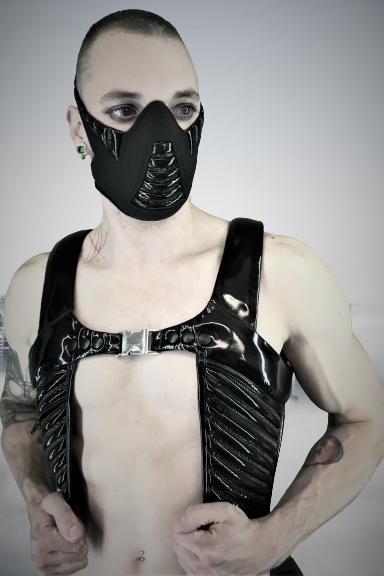 Reptor Top – black glossy patent tank harness with metal hardware buckle, front view