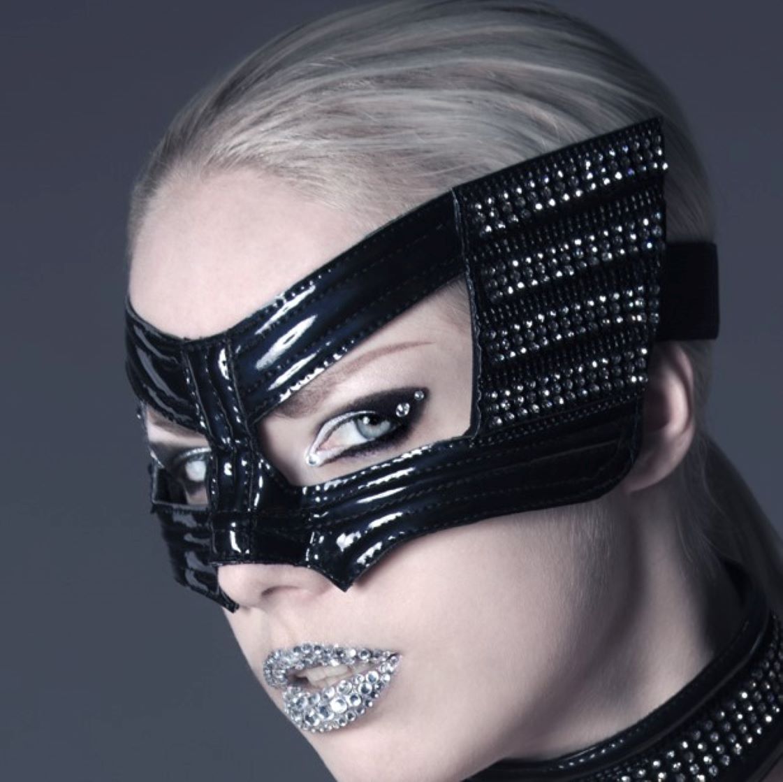 Strass Mask - glossy black patent with rhinestone cheek panels, front view