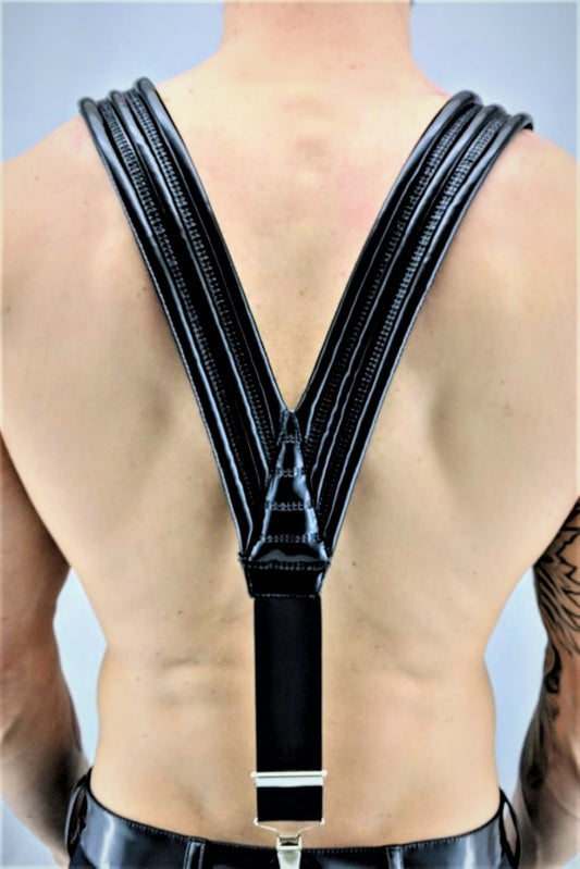 Suspender – black ribbed PVC shoulder harness with adjustable back straps, back view