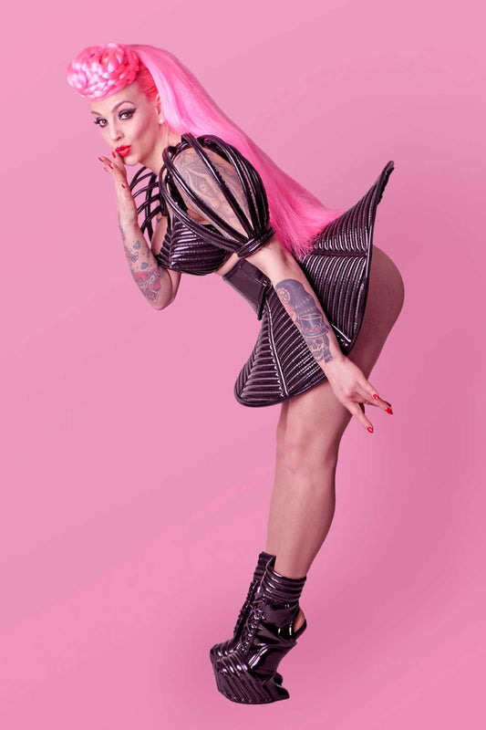 Tutu – glossy black ribbed two-piece set with mesh tulle skirt, front view