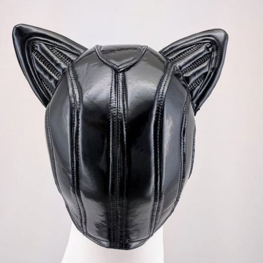 Cat Mask – glossy black PVC with perforated ear details and center seaming, back view