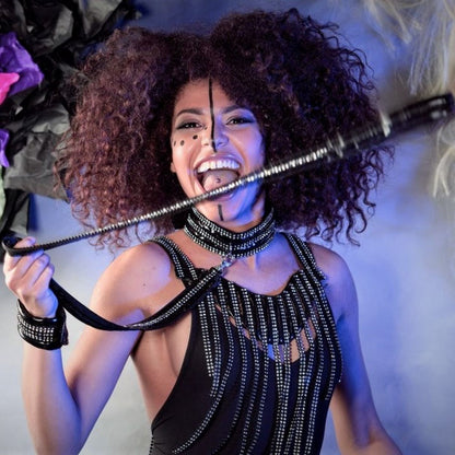 Cat Chain – black studded leather harness with dangling chains, close detail