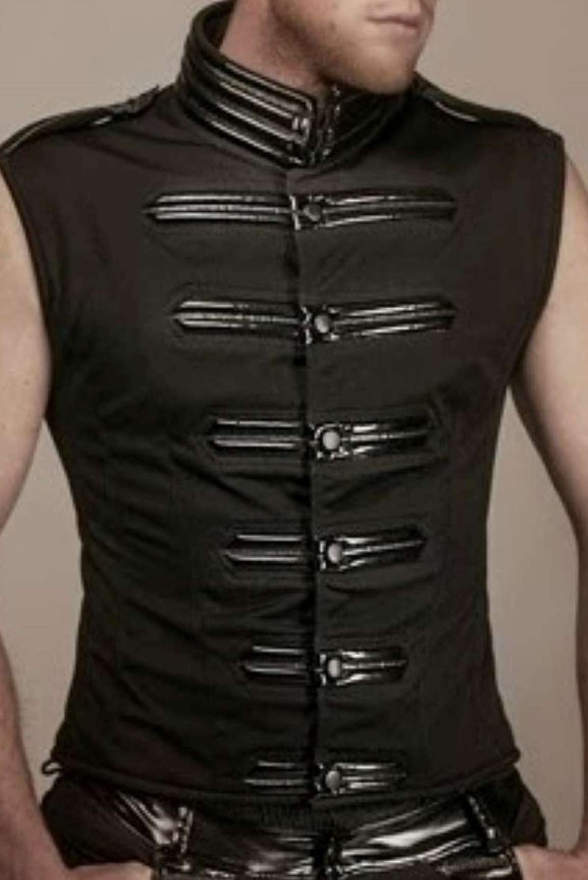 Military Top Softshell - black softshell with multi-row metal buckle and leather trim, side view